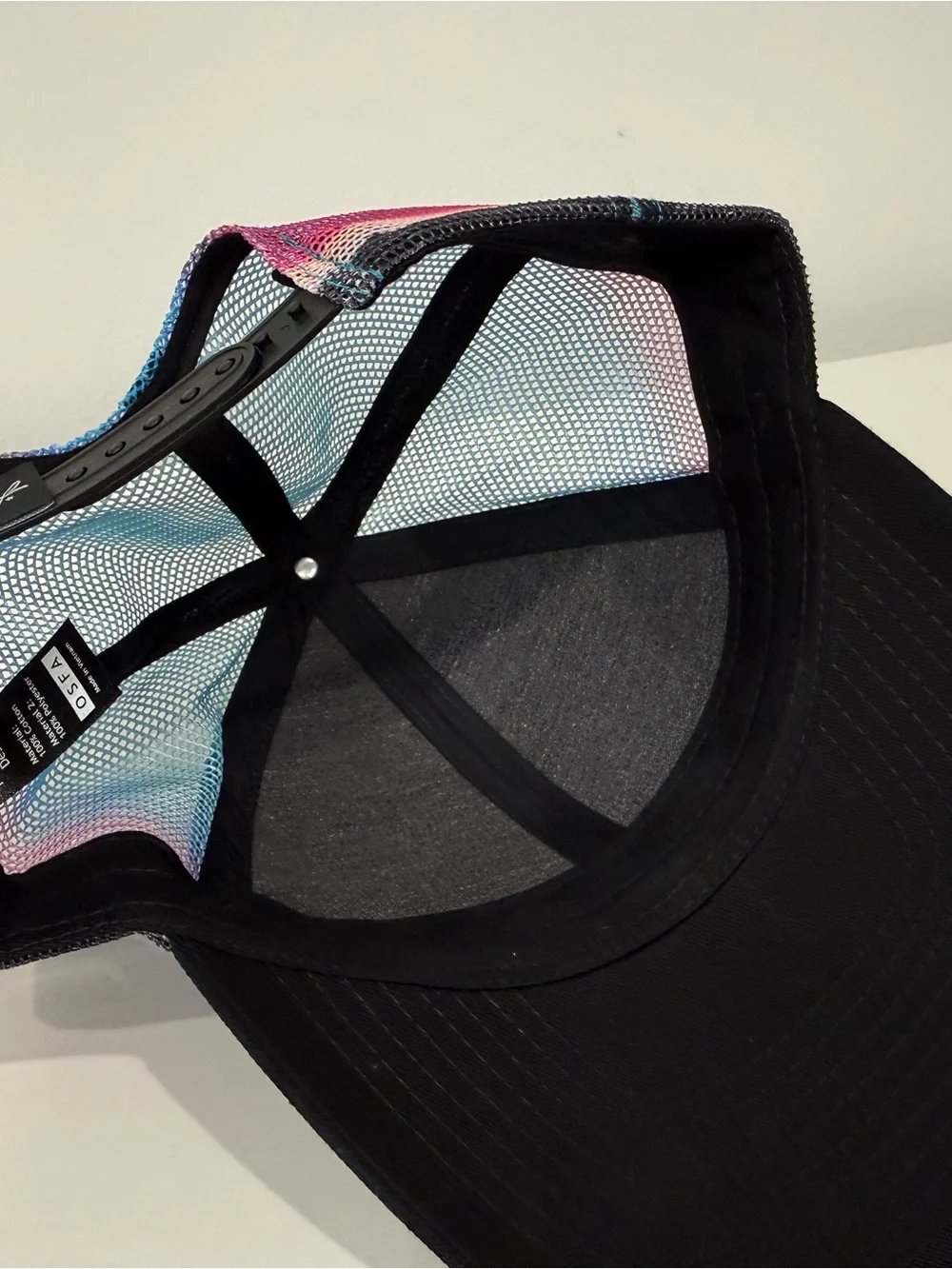 Black Trucker Hat with Mountain & Trees Embroidery and Colorful Mesh; worn 1x.